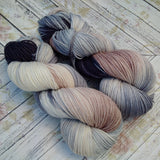 hand dyed Dk yarn, hand painted yarn, tan gray cream