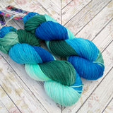 hand dyed yarn Dk, water greens and blues 
