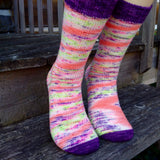 Hand dyed yarn Electric Popsicle made into a fantastic pair of socks with contrasting toe and cuff