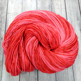 log house cottage yarns, hand dyed yarn semi-solid, berry red and pinks, sock yarn, dk, worsted,